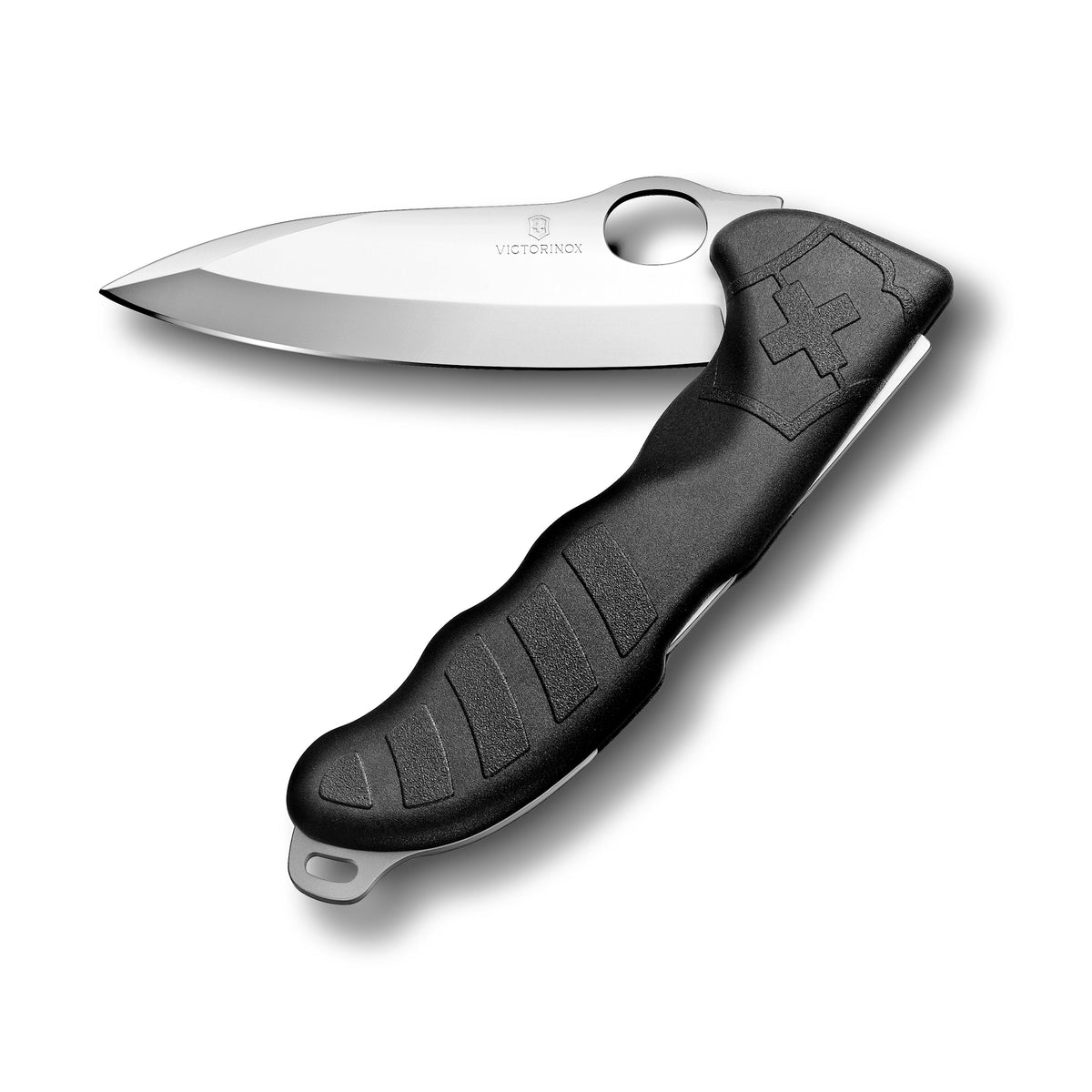 Victorinox Hunter Pro taitettava metsästysveitsi mustalla kahvalla, suunniteltu tarkkaan otteeseen ja turvalliseen käyttöön luonnossa.