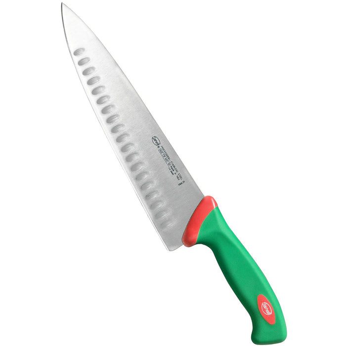 Sanelli kokkiveitsi 25 cm ovaalihiotulla terällä ja ergonomisella vihreällä kahvalla. Ammattikäyttöön suunniteltu keittiöveitsi helpottaa leikkaamista.