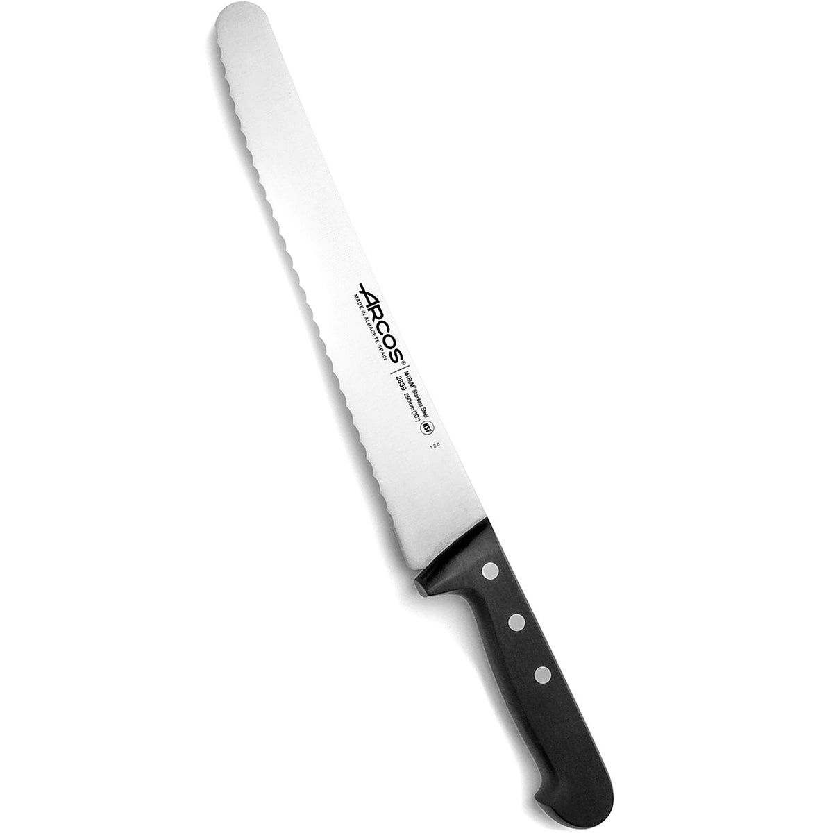 Arcos Kondiittoriveitsi 25 cm - Sahalaitaveitsi ammattikäyttöön, ruostumatonta terästä, musta POM-kahva, keittiövarusteet ja tarvikkeet.