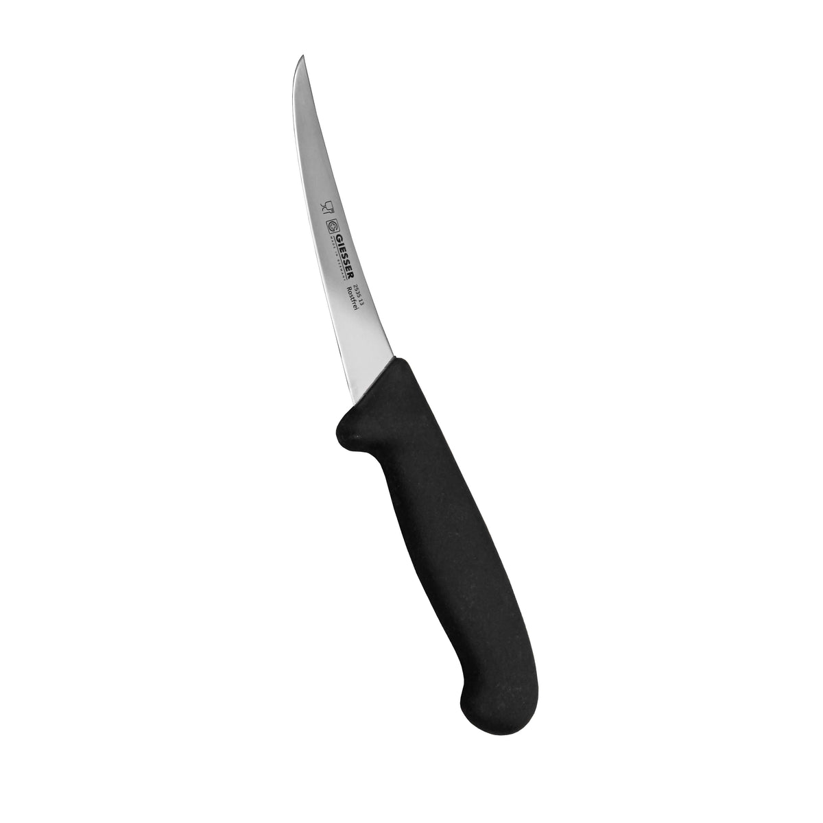 Giesser 2535 boningveitsi joustavalla 13 cm terällä ja ergonomisella mustalla kahvalla, sopii fileointiin ja riistankäsittelyyn.