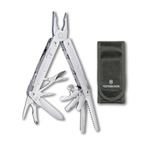 Victorinox Swiss Tool MX - Monitoimityökalu yhdellä kädellä, avattuna useilla työkaluilla ja mustalla kotelolla. Täydellinen lahjaksi ammattilaiselle.