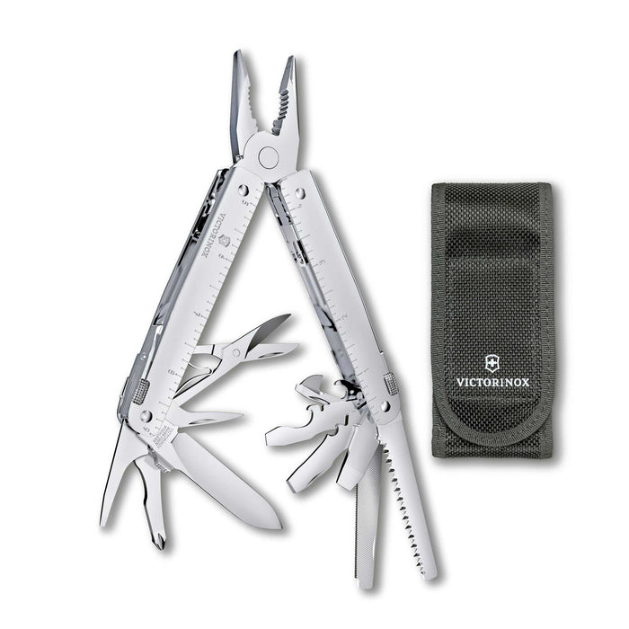 Victorinox Swiss Tool MX - Monitoimityökalu yhdellä kädellä, avattuna useilla työkaluilla ja mustalla kotelolla. Täydellinen lahjaksi ammattilaiselle.