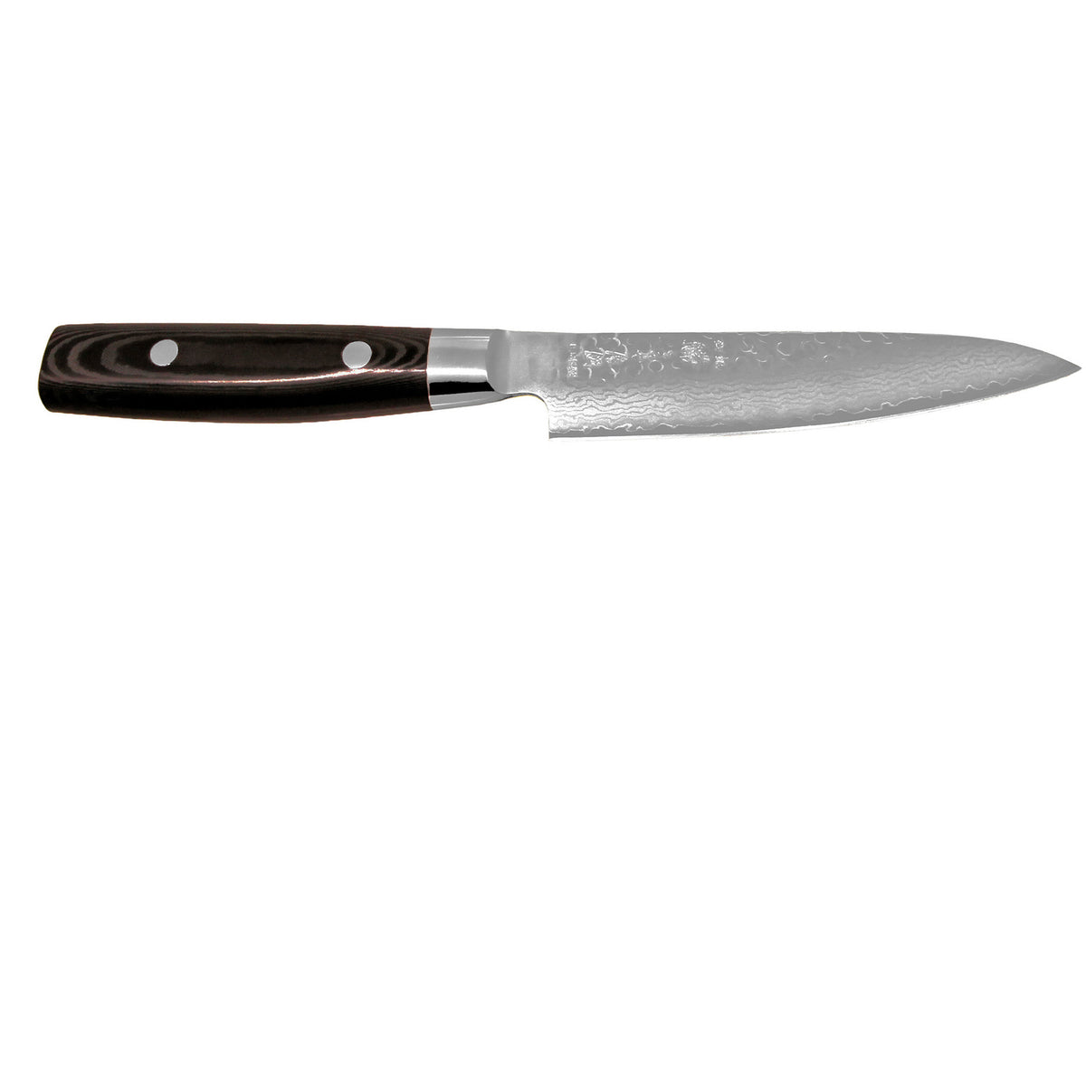 Yaxell Zen Vihannesveitsi 12 cm - Japanilainen Laatuveitsi, sivuprofiili korostaa damascus-terän kaunista kuviointia ja terävyyttä.