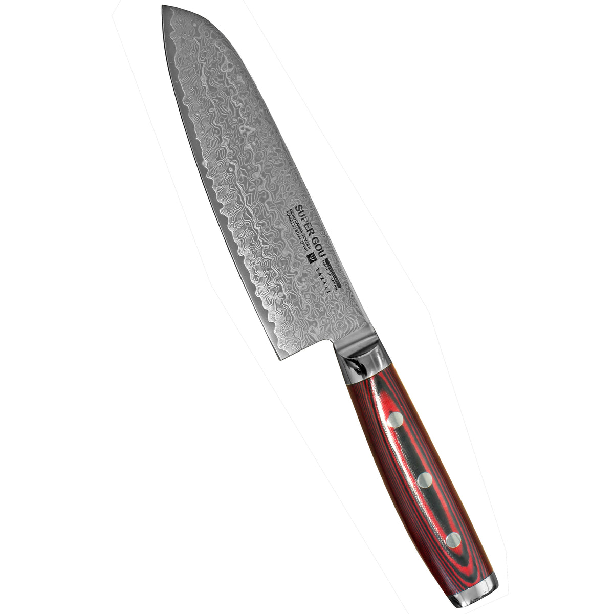 Yaxell Super Gou Santoku - Laadukas Japanilainen Veitsi, 16,5 cm damascus-terällä ja punaisella kahvalla, keittiövarusteet ja tarvikkeet