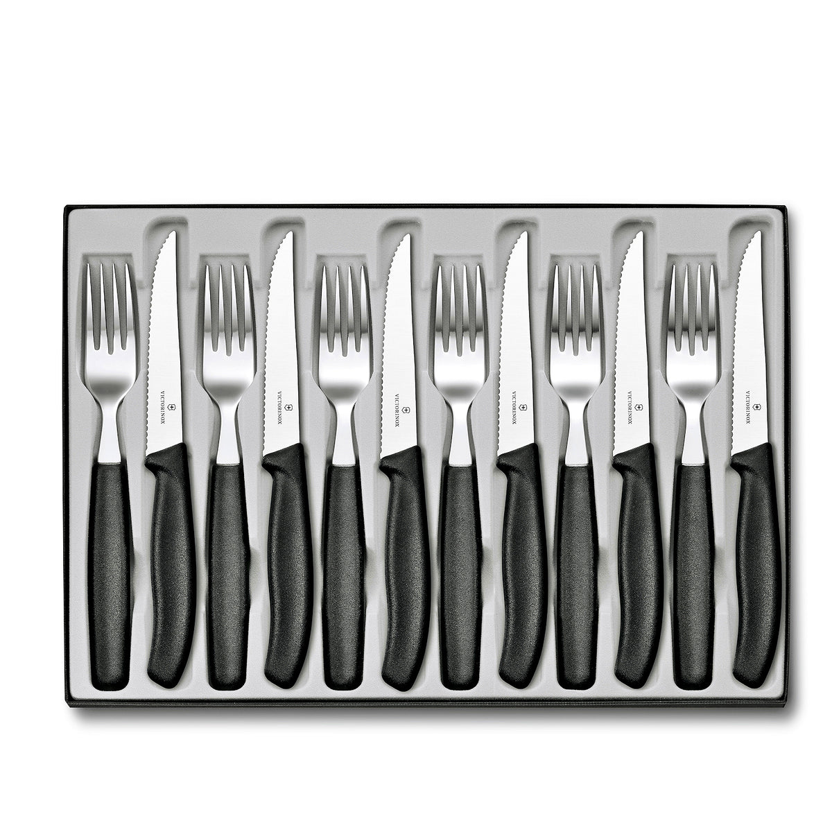 Victorinox Swiss Classic pihviveitsisarja 12 osaa, ergonomiset kahvat ja sahalaitaiset terät, tyylikkäässä pakkauksessa.