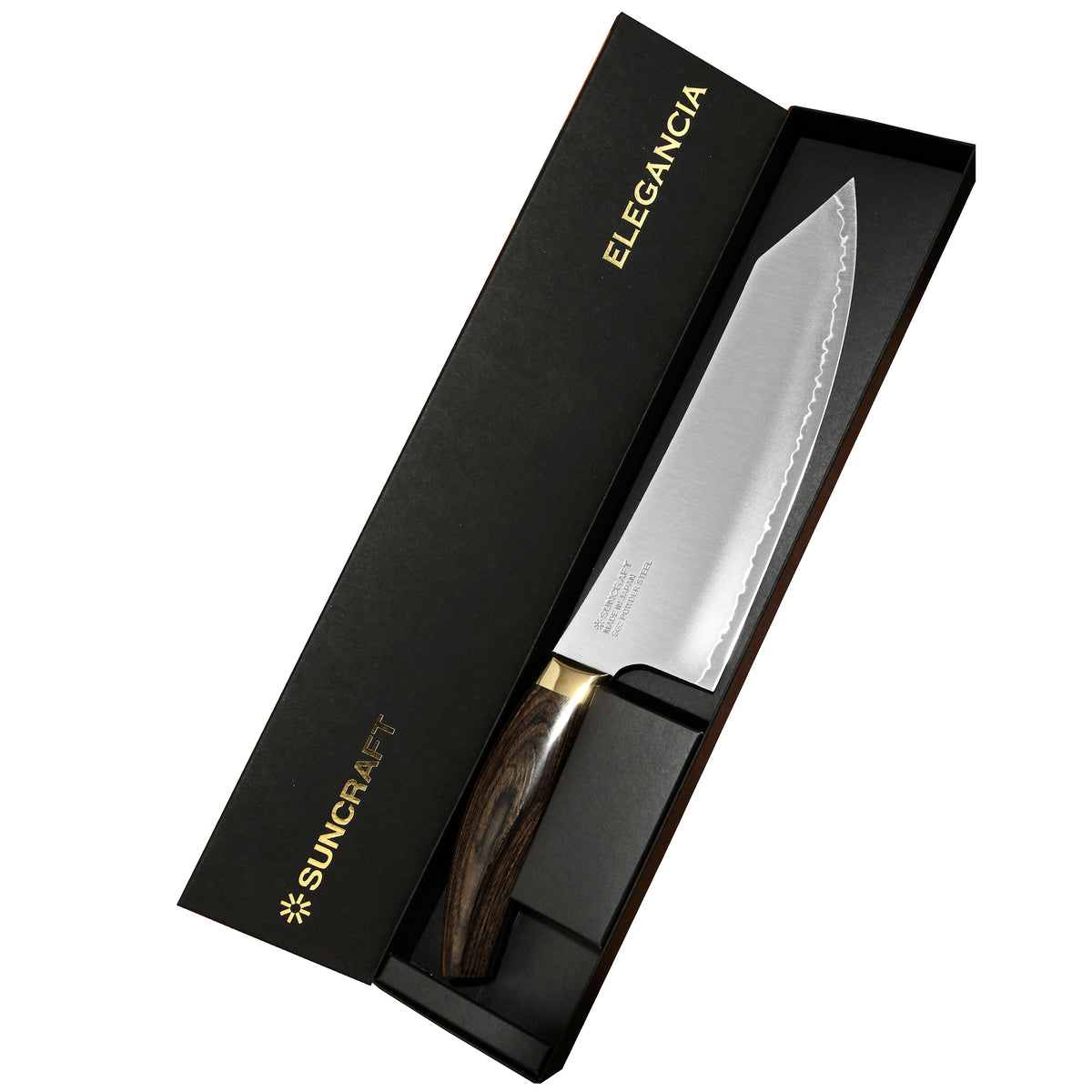 Suncraft Elegancia kokkiveitsi 20 cm tyylikkäässä lahjapakkauksessa, japanilainen SG2-teräs ja pakkapuinen kahva.
