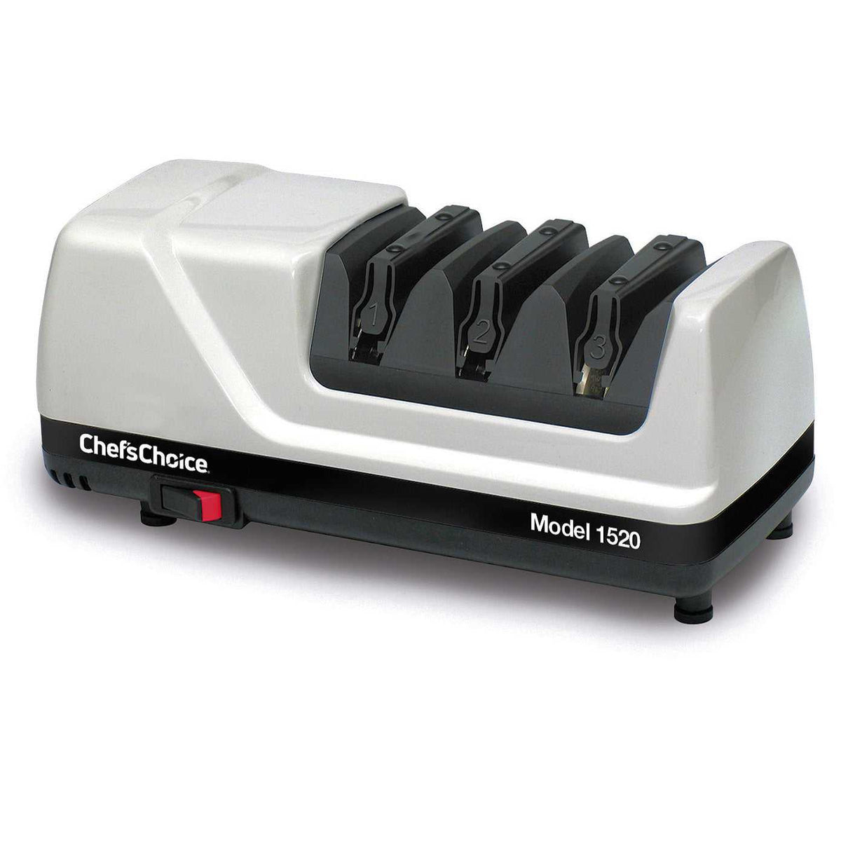 Chef's Choice M1520 - Monipuolinen veitsenteroitin 3-vaiheinen, kompakti ja tehokas sähköinen teroitin keittiöön, mustavalkoinen design.