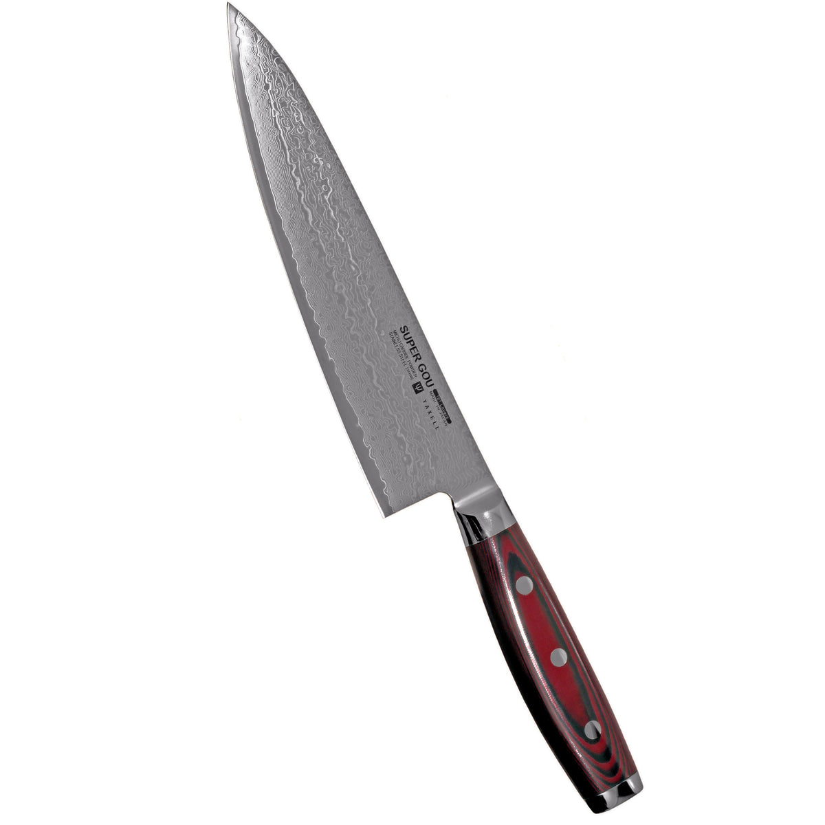 Yaxell Super Gou - Japanilainen 20 cm kokkiveitsi, jossa damascus-terä ja punainen ergonominen kahva. Huippuluokan veitsi kotikokeille.
