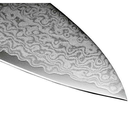 Suncraft Senzo Damascus kokkiveitsen terän yksityiskohtainen Damascusteräskuvio, 33 kerrosta ja VG10 ydin.