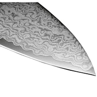 Suncraft Senzo Damascus kokkiveitsen terän yksityiskohtainen Damascusteräskuvio, 33 kerrosta ja VG10 ydin.