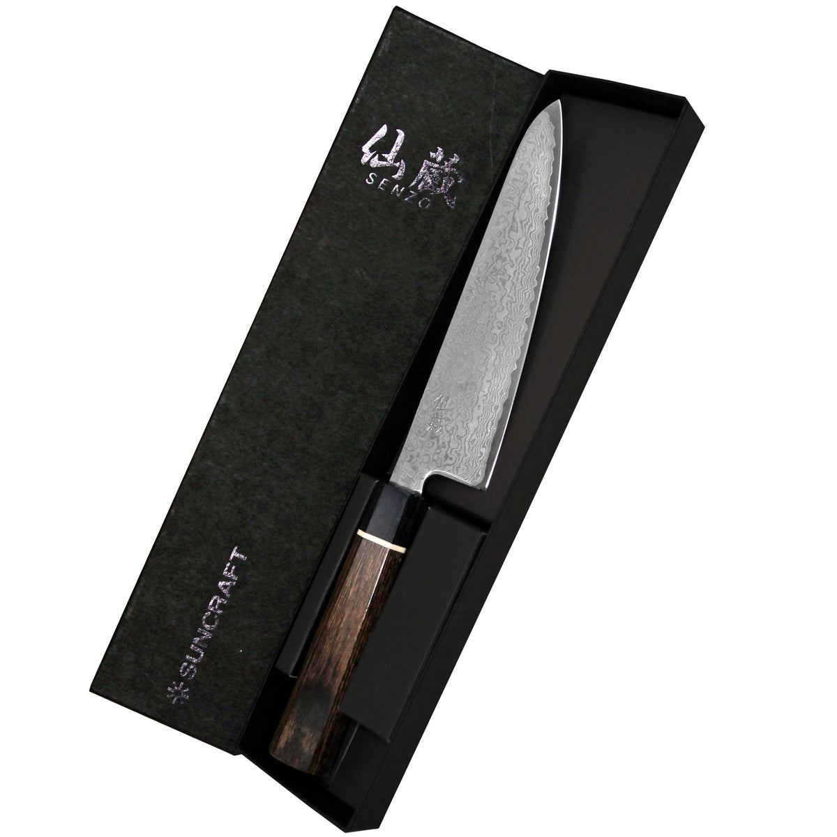 Suncraft Senzo Mini Santoku -veitsi tyylikkäässä pakkauksessa, 14 cm, Damascus-terä, japanilainen kokkiveitsi.