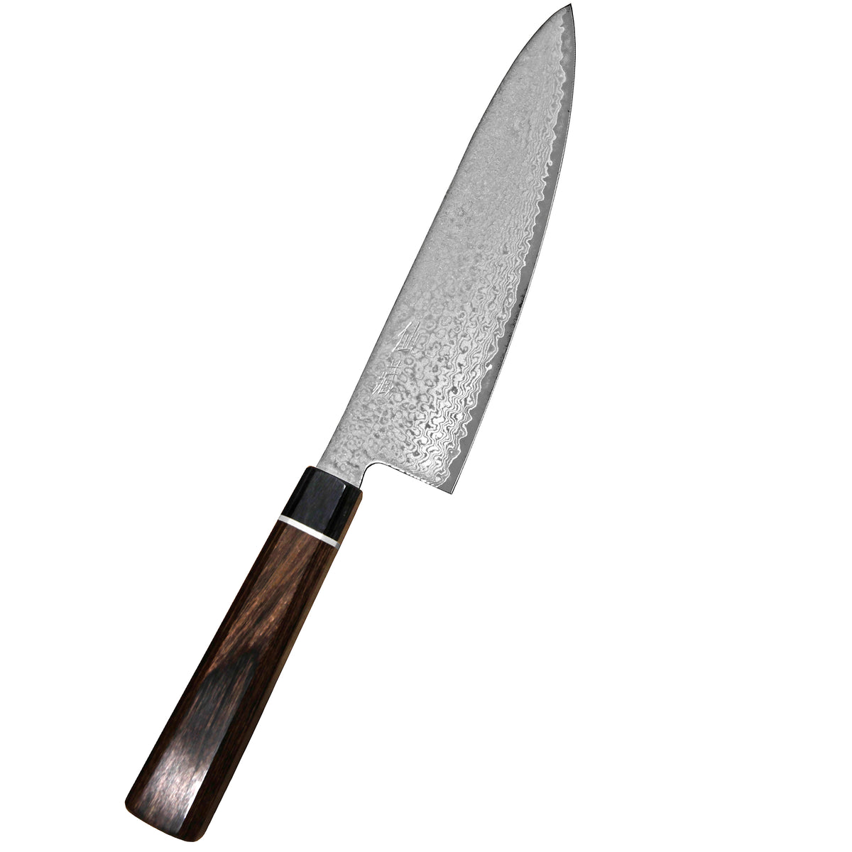 Japanilainen Suncraft Senzo Damascus Black kokkiveitsi 20 cm, VG10-ytimellä ja koristeellisella damascus-kuviolla.