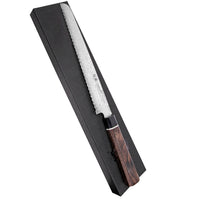 Damascus-leipäveitsi 22 cm, musta pakkapuu kahva ja 33-kerroksinen terä, toimitetaan Suncraft Senzo -lahjapakkauksessa.