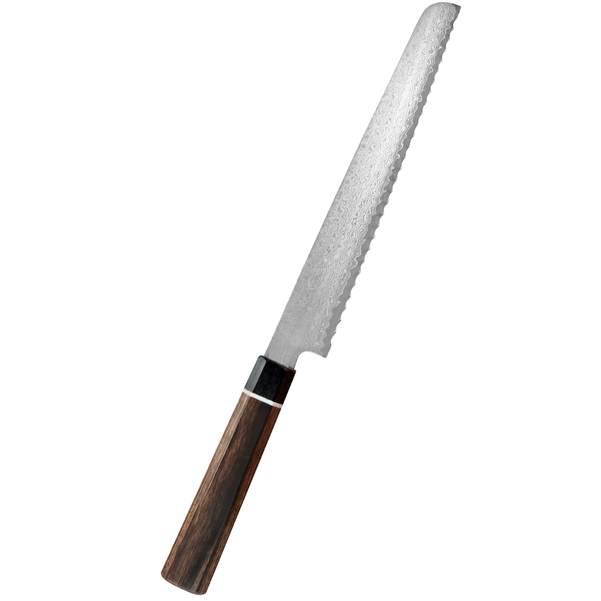 Damascus-leipäveitsi 22 cm, sahalaitainen terä ja musta pakkapuu kahva, Suncraft Senzo -sarjan japanilainen veitsi.