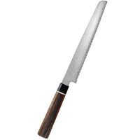 Damascus-leipäveitsi 22 cm, sahalaitainen terä ja musta pakkapuu kahva, Suncraft Senzo -sarjan japanilainen veitsi.