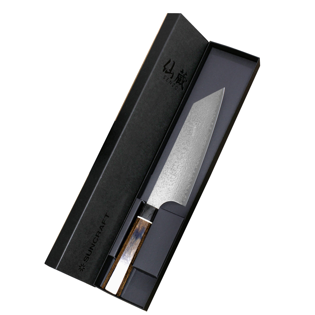 Suncraft Senzo Damascus Black Kiritsukeveitsi 16,5 cm lahjapakkauksessa, ylellinen valinta kokkaajalle tai lahjaksi.