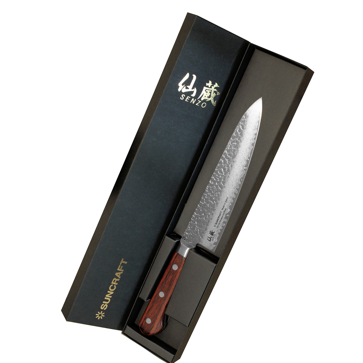 Suncraft Senzo Damascus kokkiveitsi 18 cm tyylikkäässä lahjapakkauksessa, yhdistää japanilaisen käsityötaidon ja modernin muotoilun.