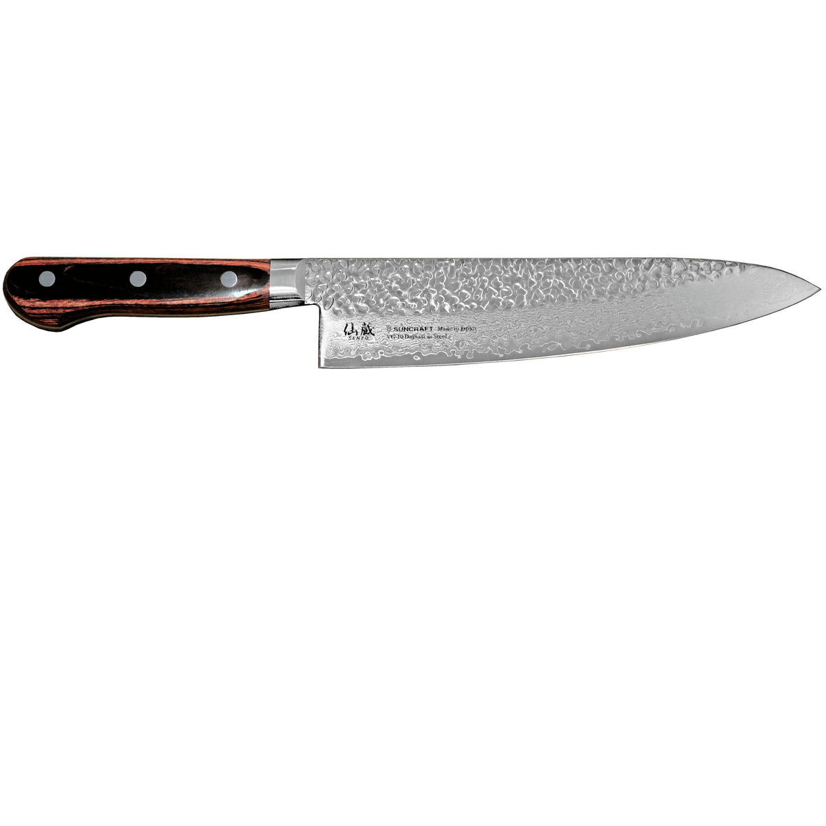 Suncraft Senzo Damascus Universal Kokkiveitsi 21 cm sivuprofiilista, esittelee terän damascus-kerrokset ja tasapainoisen muotoilun.