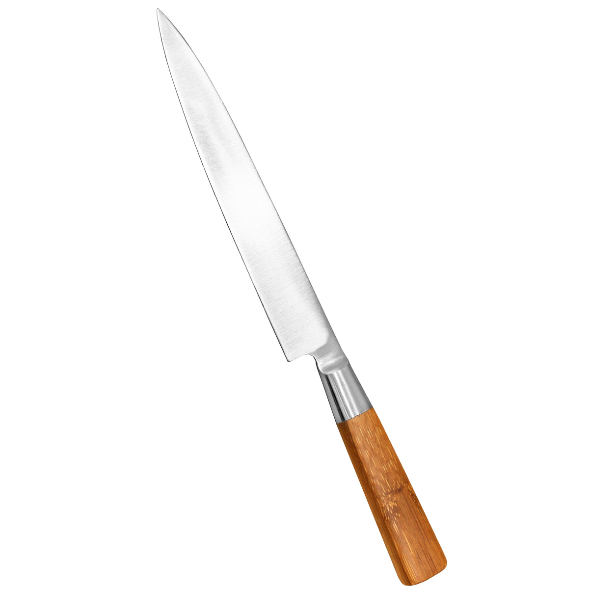 Terävä Suncraft MU Bamboo sashimiveitsi 21 cm, ergonominen bambukahva ja pitkä terä tarkkaan leikkaamiseen.