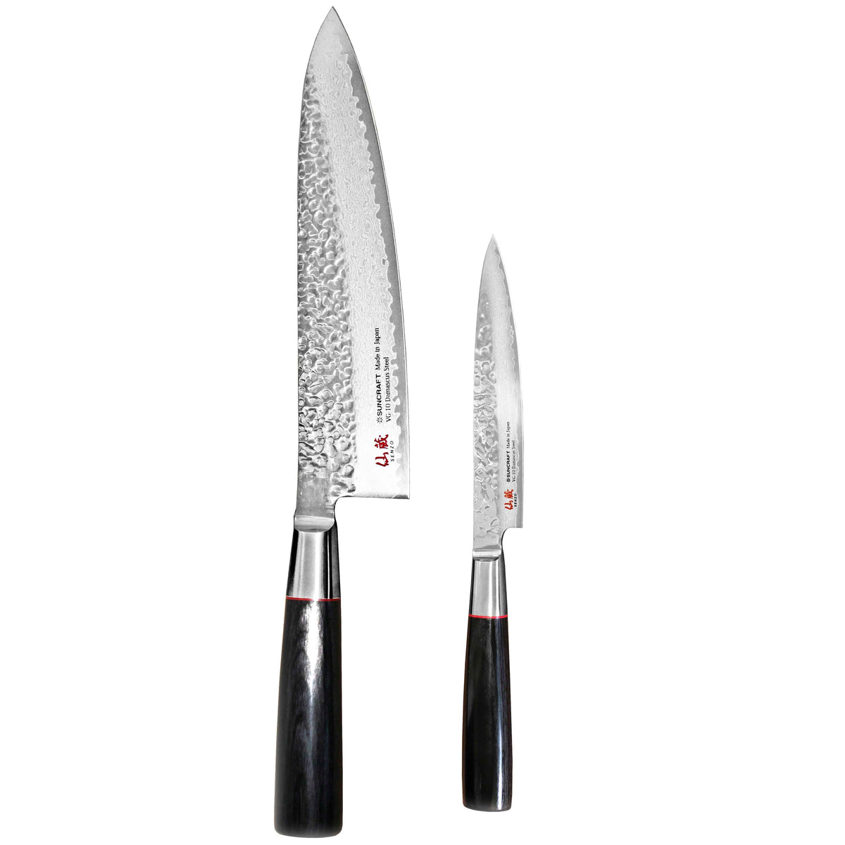 Suncraft Senzo Damascus -kokkiveitsi ja vihannesveitsi, VG10-terä, 32 Damascus-kerrosta, japanilainen laatu, mustat kahvat.