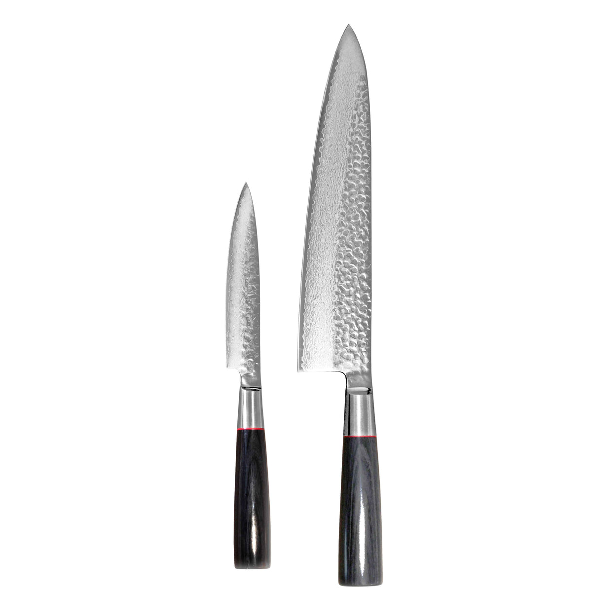 Suncraft Senzo Damascus -setti, kokkiveitsi ja vihannesveitsi, terävä VG10-terä, 60-61 HRC kovuus, tyylikkäät mustat kahvat.