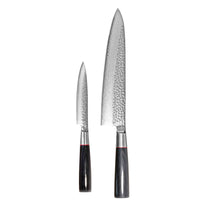 Suncraft Senzo Damascus -setti, kokkiveitsi ja vihannesveitsi, terävä VG10-terä, 60-61 HRC kovuus, tyylikkäät mustat kahvat.