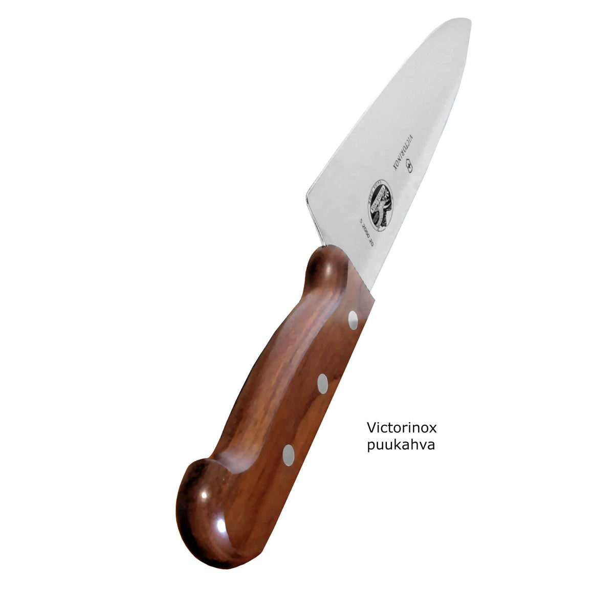 Victorinox sahalaitaveitsen puukahva lähikuvassa, korostaa ruusupuun laadukasta viimeistelyä ja kolmen niitin rakennetta.