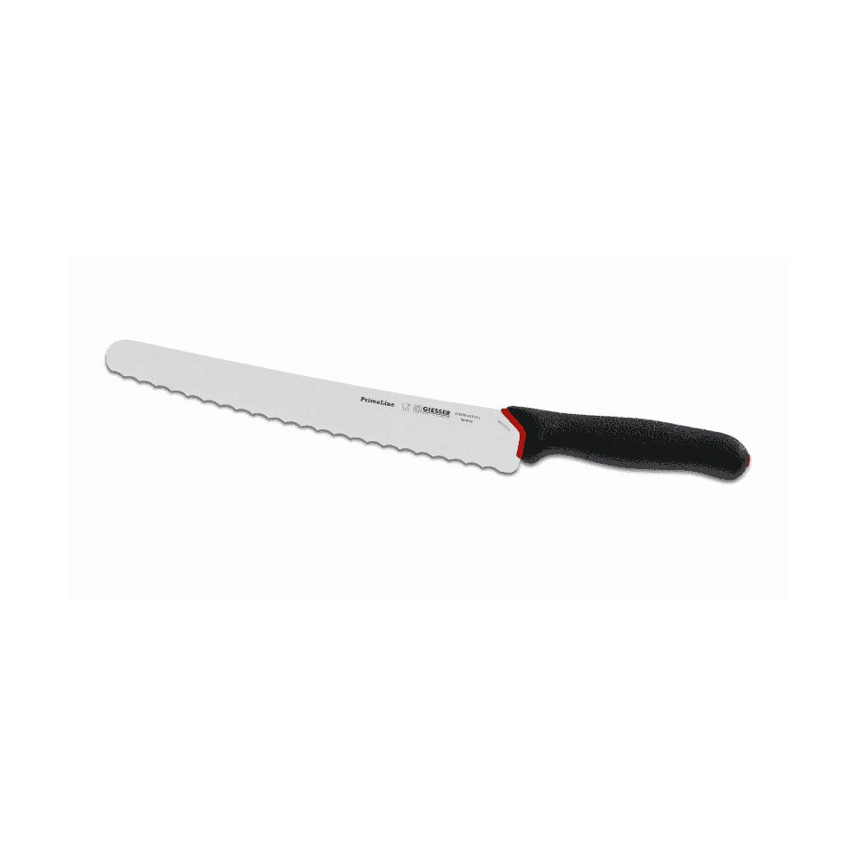Giesser Primeline sahalaitainen leipäveitsi 25 cm, terä kromi-molybdeeniterästä, musta kahva punaisella yksityiskohdalla