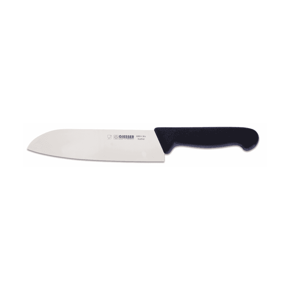 Giesser Santokuveitsi 18 cm, terävä C57-terä ja musta ergonominen TPE-kahva, täydellinen vihannesten ja lihan silppuamiseen.
