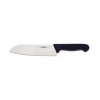 Giesser Santokuveitsi 18 cm, terävä C57-terä ja musta ergonominen TPE-kahva, täydellinen vihannesten ja lihan silppuamiseen.