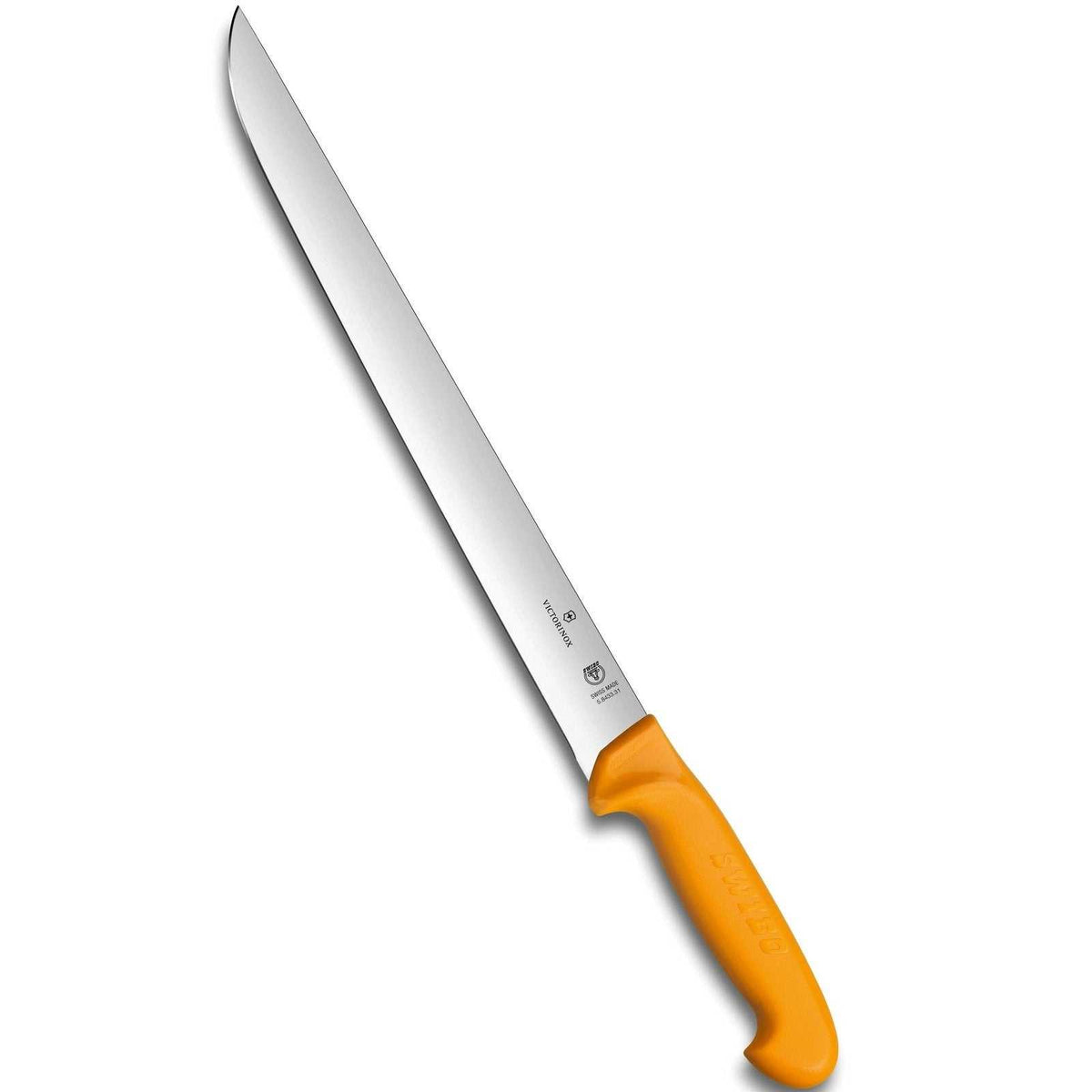 Victorinox Swibo Siivutusveitsi - 31 cm veitsi, pitkä terä ja ergonominen oranssi kahva ammattikäyttöön keittiöveitsien kategoriassa.