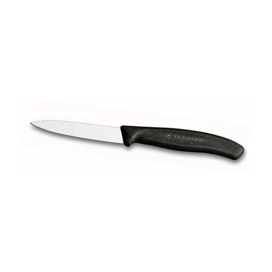 Victorinox Swiss Classic kuorimaveitsi 8 cm, musta kahva ja kapea terä, ihanteellinen tarkkuutta vaativaan kuorimiseen ja pilkkomiseen.