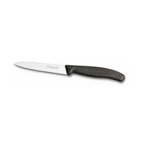 Swiss Classic Victorinox kuorimaveitsi sahalaitaisella 10 cm terällä ja ergonomisella mustalla kahvalla, keittiön pienveitsiin.