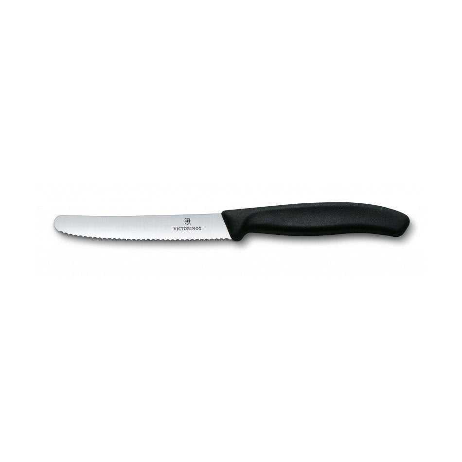 Victorinox tomaattiveitsi - Swiss Classic | 11 cm terä, keittiöveitsi mustalla kahvalla ja sahalaitaisella terällä tarkkaan leikkaamiseen.