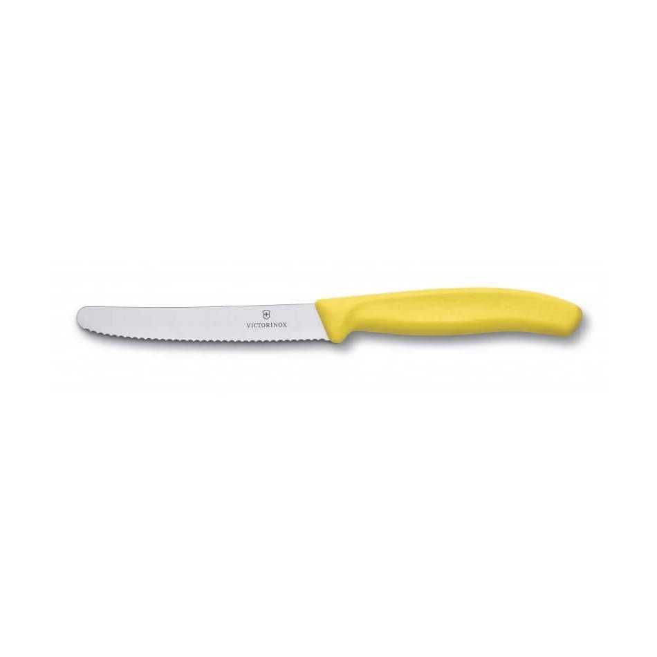 Victorinox tomaattiveitsi - Swiss Classic | 11 cm terä, keltainen kahva tuo väriä keittiöön ja sahalaita takaa tarkan leikkuun.