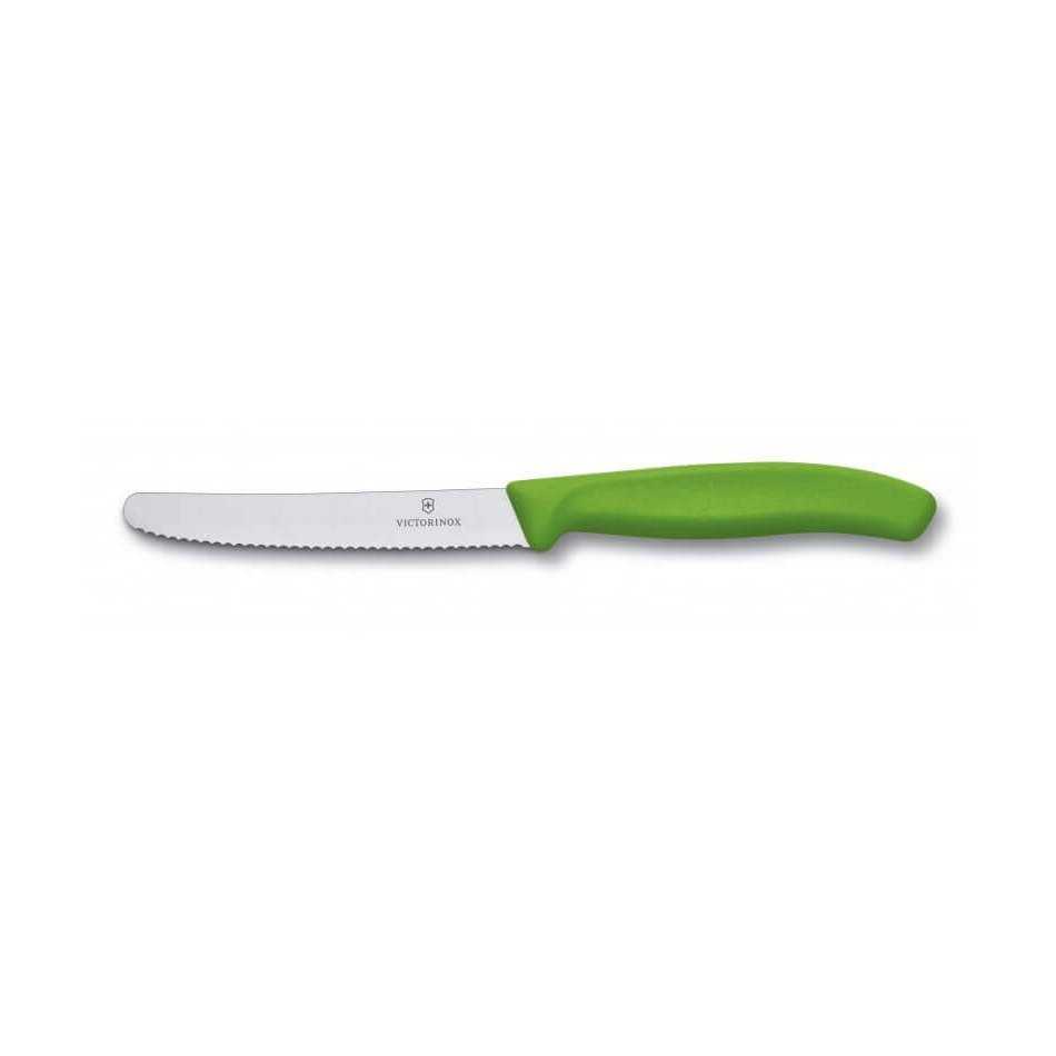 Victorinox tomaattiveitsi - Swiss Classic | 11 cm terä, vihreä kahva ja ruostumaton sahalaitainen terä hedelmien ja vihannesten leikkaamiseen.