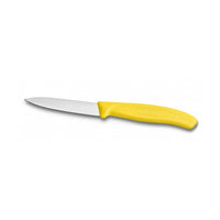 Victorinox Swiss Classic kuorimaveitsi 8 cm keltaisella ergonomisella kahvalla. Terävä suora terä tarkkaan kuorintaan.