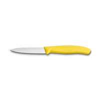 Keltakahvainen Victorinox Swiss Classic kuorimaveitsi 8 cm, suora terä. Soveltuu hedelmien ja vihannesten käsittelyyn.
