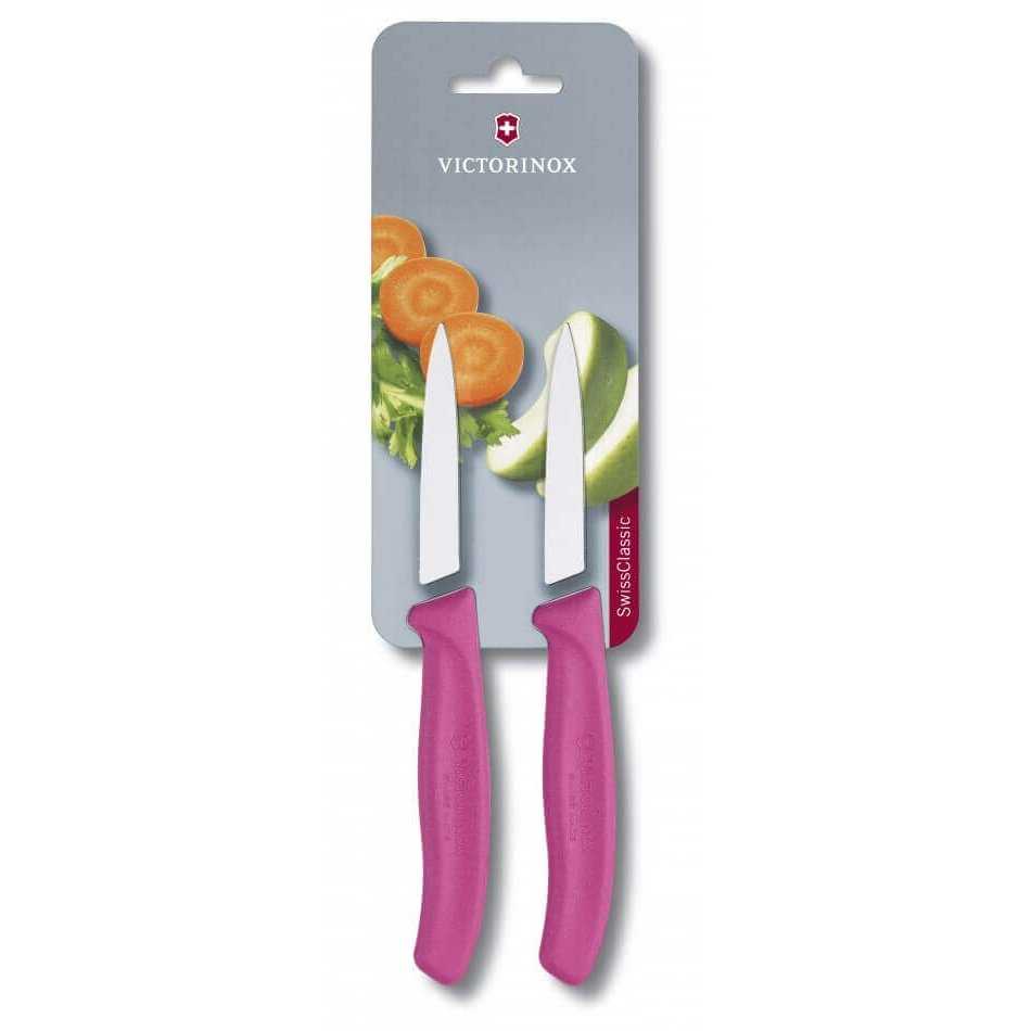 Victorinox Kuorimaveitsi Setti - 8 cm, 2 kpl Swiss Classic pinkillä kahvalla, ergonominen muotoilu ja terävä terä.