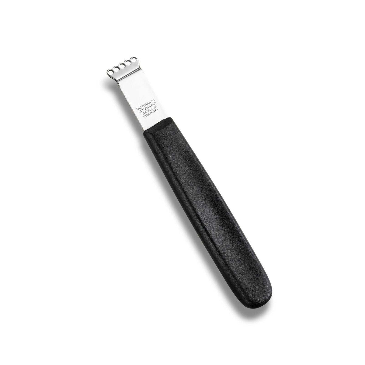 Victorinox Fibrox sitrusrauta, 5 reikää, ergonomisella mustalla kahvalla. Kompakti työväline sitrushedelmien kuorimiseen ja koristeluun.