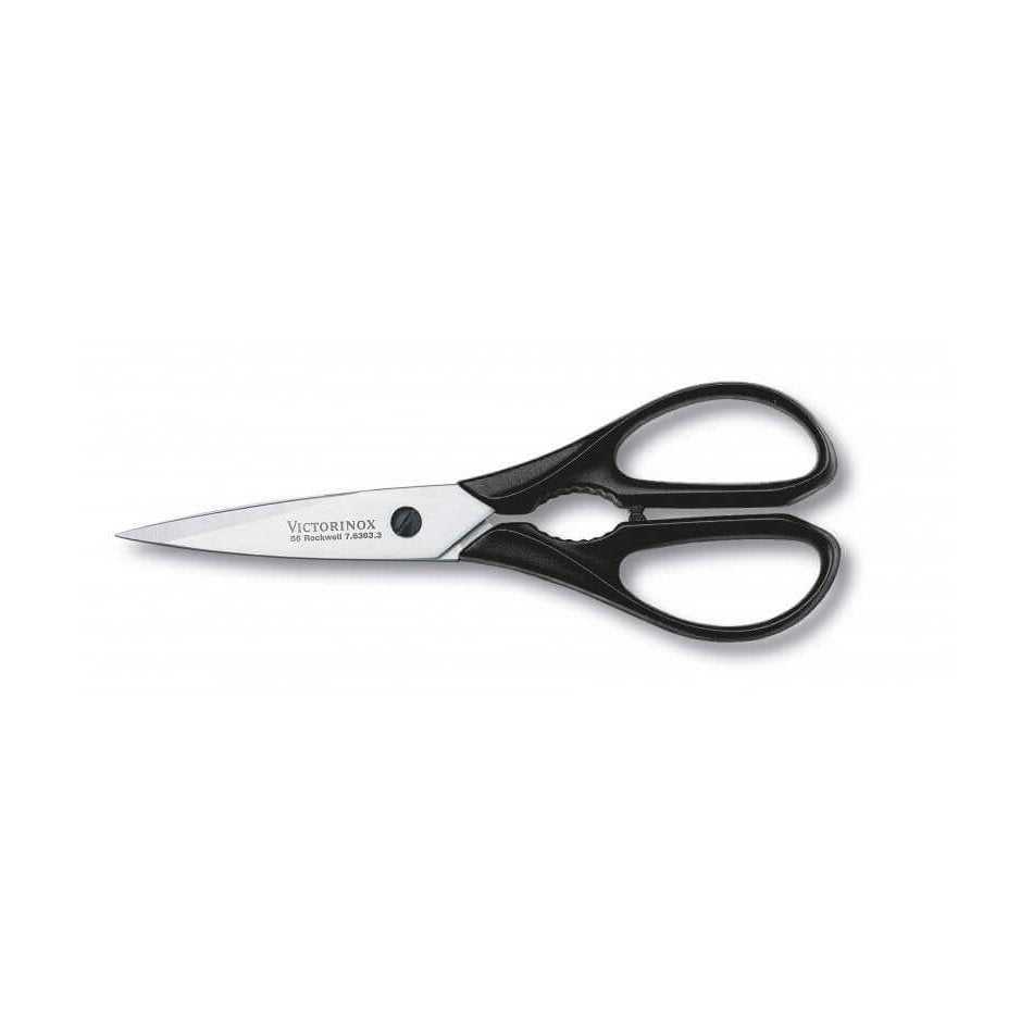 Victorinox mustat keittiösakset 20 cm, liukumattomat kahvat ja korkinavaaja. Sakset keittiötyökaluihin ja ruoanvalmistukseen.