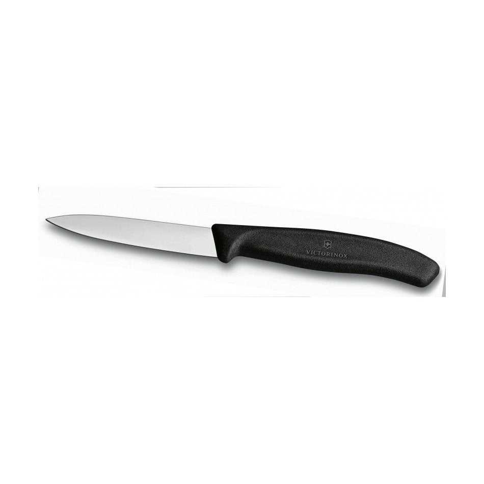 Victorinox suorateräinen kuorimaveitsi, musta kahva ja terävä terä vihannesten ja hedelmien käsittelyyn.