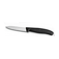 Victorinox suorateräinen kuorimaveitsi, musta kahva ja terävä terä vihannesten ja hedelmien käsittelyyn.