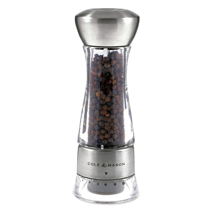 Cole & Mason Windermere pippurimylly 16,9 cm, 6 karkeudensäätöä, ruostumattomasta teräksestä ja akryylistä valmistettu keittiöväline.