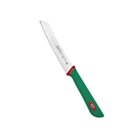 Sanelli Tomaattiveitsi Sahalaita 12 cm vihreällä ergonomisella kahvalla. Terävä sahalaitaterä leikkaa helposti pehmeät vihannekset ja hedelmät.