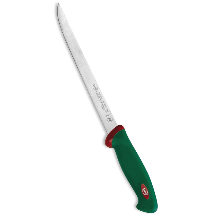 Sanelli fileointiveitsi joustavalla 22 cm terällä ja ergonomisella vihreä-punaisella kahvalla. Sopii tarkkaan kalan ja lihan käsittelyyn.