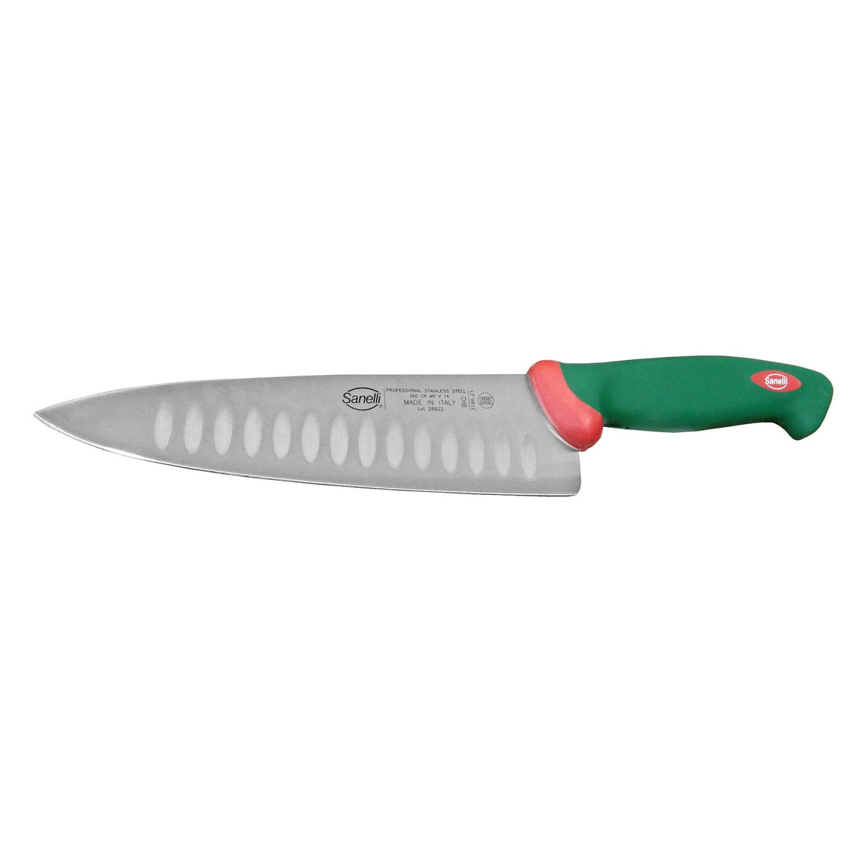 Sanelli kokkiveitsi 25 cm – ovaalihiottu terä vähentää leikkuuvastusta. Turvallinen ja tarkka veitsi keittiöön, vihreä-punainen kahva.