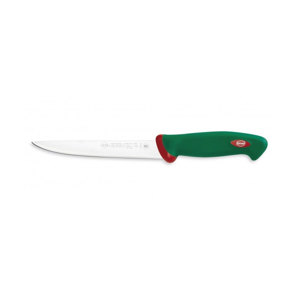Sanelli Yleisefileointiveitsi - 18 cm, vihreä-punainen kahva ja kapea terä. Erinomainen valinta liha- ja kalafileointiin kotikeittiössä.