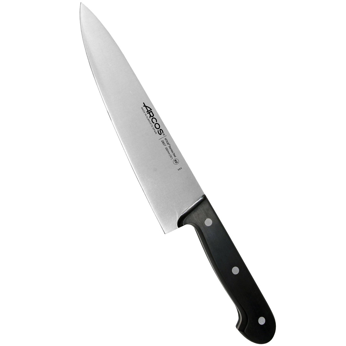 Arcos Universal Kokkiveitsi 25 cm – Ammattitasoinen veitsi mustalla kahvalla, terävä terä ruoanvalmistukseen keittiössä.