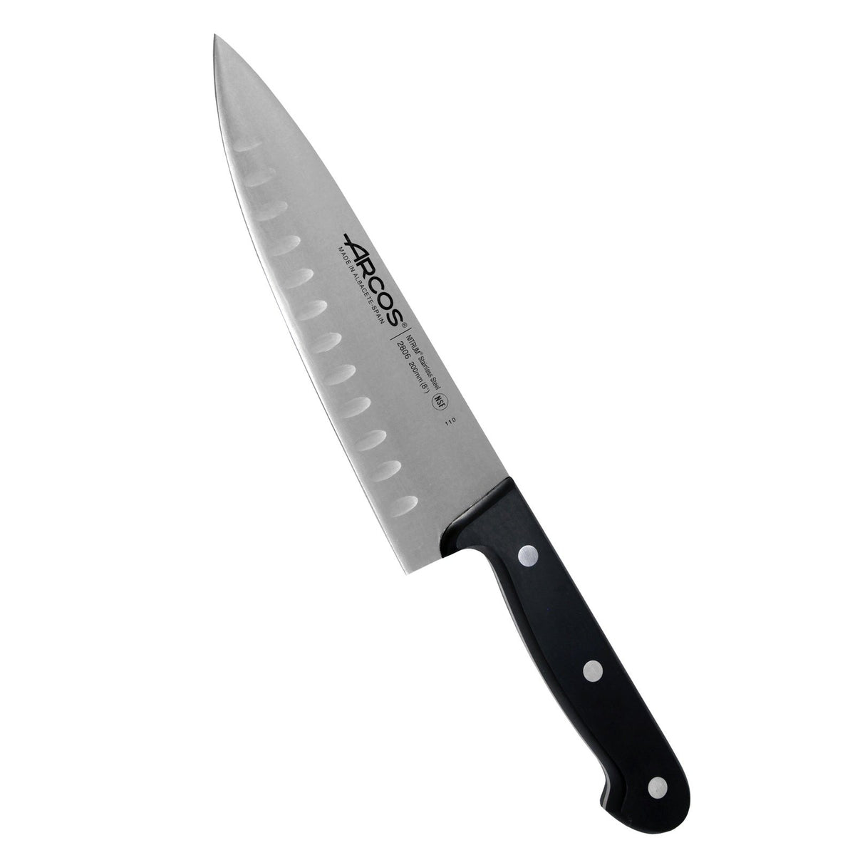 Arcos Ovaalihiottu Kokkiveitsi 20 cm, ruostumattomasta teräksestä valmistettu veitsi mustalla POM-kahvalla. Sopii lihan, kalan ja kasvisten leikkaamiseen.